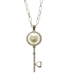 Key Heart Adjustable Length Pendant-Necklace With Crystal Accents Silver-Tone & White Colored #2643