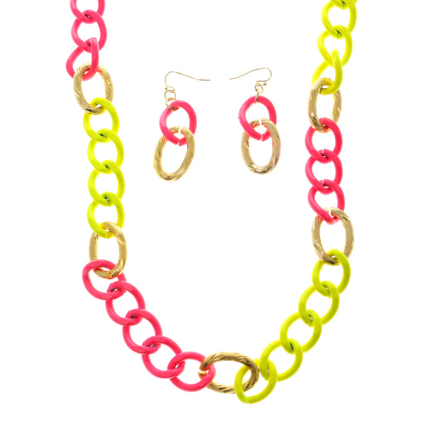 Adjustable Length Matching Earrings Chain Link Statement-Necklace Jewelry Set Neon Pink & Yellow Colored #2668