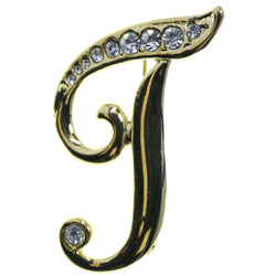T Initial Brooch-Pin With Crystal Accents Gold-Tone & Clear Colored #2332