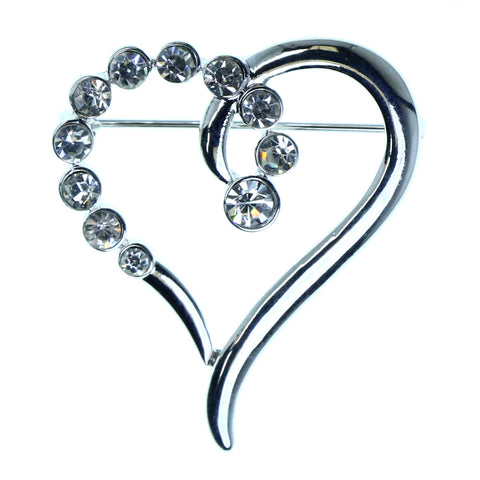 Heart Brooch-Pin With Crystal Accents Silver-Tone & Clear Colored #2335