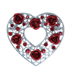 Heart Roses Brooch-Pin With Crystal Accents Bronze-Tone & Red Colored #2337