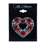 Heart Roses Brooch-Pin With Crystal Accents Bronze-Tone & Red Colored #2337