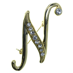 N Initial Brooch-Pin With Crystal Accents Gold-Tone & Clear Colored #2338