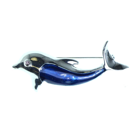 Dolphins Brooch-Pin With Stone Accents Silver-Tone & Blue Colored #2339