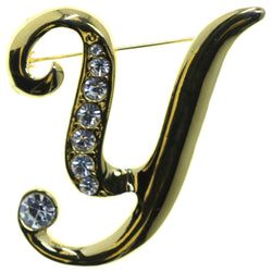 Y Initial Brooch-Pin With Crystal Accents Gold-Tone & Clear Colored #2346