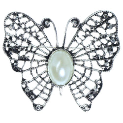 Butterfly Brooch-Pin With Stone Accents Silver-Tone & White Colored #2353