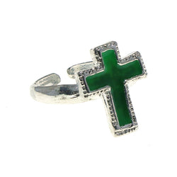 Adjustable Cross Toe-Ring Silver-Tone & Green Colored #4445