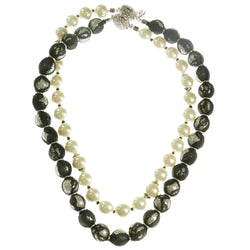 White & Silver-Tone Colored Acrylic Necklace With Bead Accents #3795
