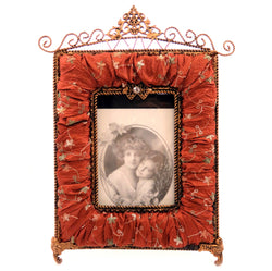 Antique style picture frame with antique gold tone metal and fabric with floral designs embroidered PF8 - Mi Amore