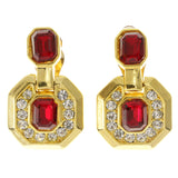 Gold-Tone & Red Colored Metal Clip-On-Earrings With Faceted Accents #LQC120