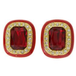 Red & Gold-Tone Colored Metal Clip-On-Earrings With Faceted Accents #LQC125