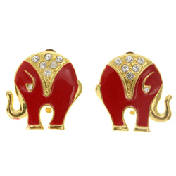 Elephant Clip-On-Earrings With Crystal Accents Red & Gold-Tone Colored #LQC137