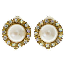 White & Gold-Tone Colored Metal Clip-On-Earrings With Crystal Accents #LQC141