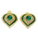 Green & Gold-Tone Colored Metal Clip-On-Earrings With Crystal Accents #LQC160