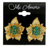 Flowers Clip-On-Earrings With Crystal Accents Gold-Tone & Green Colored #LQC162