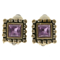 Purple & Silver-Tone Colored Metal Clip-On-Earrings With Faceted Accents #LQC173