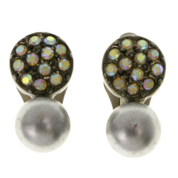 Gray & Silver-Tone Colored Metal Clip-On-Earrings With Faceted Accents #LQC175
