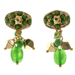 Green & Gold-Tone Colored Metal Clip-On-Earrings With Bead Accents #LQC189