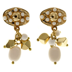 White & Gold-Tone Colored Metal Clip-On-Earrings With Bead Accents #LQC190