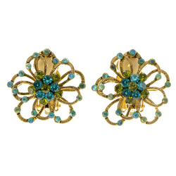 Flowers Clip-On-Earrings Crystal Accents Colorful & Gold-Tone #LQC202