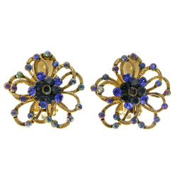 Flowers Clip-On-Earrings Crystal Accents Colorful & Gold-Tone #LQC203
