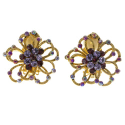 Flowers Clip-On-Earrings Crystal Accents Colorful & Gold-Tone #LQC204