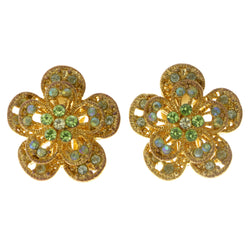 Flowers Clip-On-Earrings Crystal Accents Colorful & Gold-Tone #LQC219