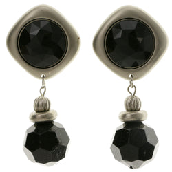 Black & Silver-Tone Colored Metal Clip-On-Earrings With Faceted Accents #LQC224