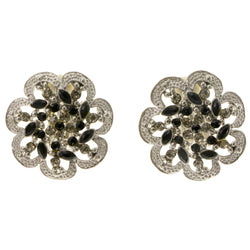 Silver-Tone & Black Colored Metal Clip-On-Earrings With Crystal Accents #LQC241