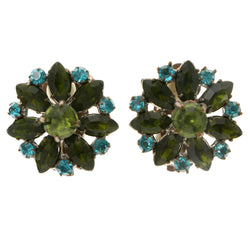 Flowers Clip-On-Earrings Crystal Accents Colorful & Gold-Tone #LQC248