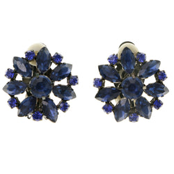 Flowers Clip-On-Earrings With Crystal Accents Blue & Silver-Tone Colored #LQC249