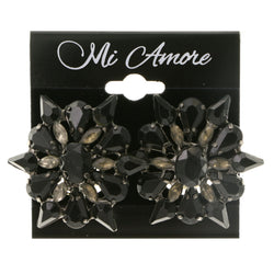 Black & Silver-Tone Colored Metal Clip-On-Earrings With Faceted Accents #LQC253