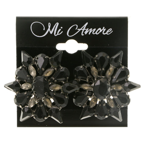 Black & Silver-Tone Colored Metal Clip-On-Earrings With Faceted Accents #LQC253