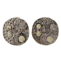 Silver-Tone & White Colored Metal Clip-On-Earrings With Faceted Accents #LQC255