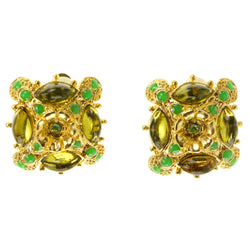 Green & Gold-Tone Colored Metal Clip-On-Earrings With Faceted Accents #LQC258