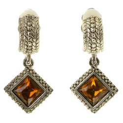 Silver-Tone & Orange Colored Metal Clip-On-Earrings With Faceted Accents #LQC260