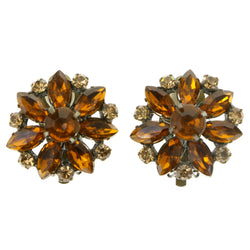 Flowers Clip-On-Earrings With Crystal Accents Orange & Gold-Tone Colored #LQC279