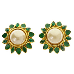 Gold-Tone & Green Colored Metal Clip-On-Earrings With Faceted Accents #LQC296