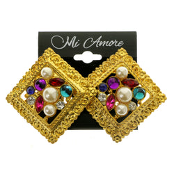 Gold-Tone & Multi Colored Metal Clip-On-Earrings With Faceted Accents #LQC298