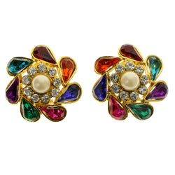 Colorful & Gold-Tone Colored Metal Clip-On-Earrings With Faceted Accents #LQC309