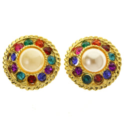 Colorful & Gold-Tone Colored Metal Clip-On-Earrings With Faceted Accents #LQC316