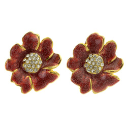 Flowers Glitter Clip-On-Earrings Crystal Accents Red & Gold-Tone