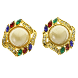 Colorful & Gold-Tone Colored Metal Clip-On-Earrings With Faceted Accents #LQC361