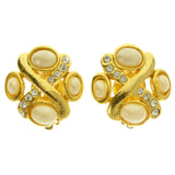 Gold-Tone & White Colored Metal Clip-On-Earrings With Crystal Accents #LQC362