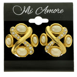 Gold-Tone & White Colored Metal Clip-On-Earrings With Crystal Accents #LQC362