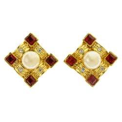 Colorful & Gold-Tone Colored Metal Clip-On-Earrings With Faceted Accents #LQC369