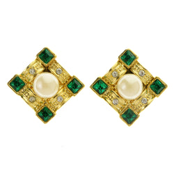 Colorful & Gold-Tone Colored Metal Clip-On-Earrings With Faceted Accents #LQC370