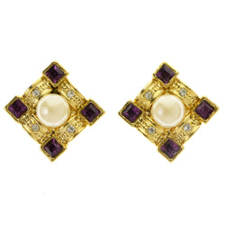 Colorful & Gold-Tone Colored Metal Clip-On-Earrings With Faceted Accents #LQC371