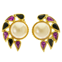 Colorful & Gold-Tone Colored Metal Clip-On-Earrings With Faceted Accents #LQC384