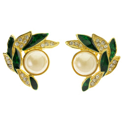 Leaves Clip-On-Earrings Faceted Accents Colorful & Gold-Tone #LQC387